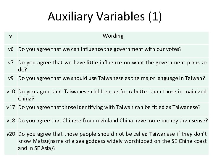 Auxiliary Variables (1) v Wording v 6 Do you agree that we can influence