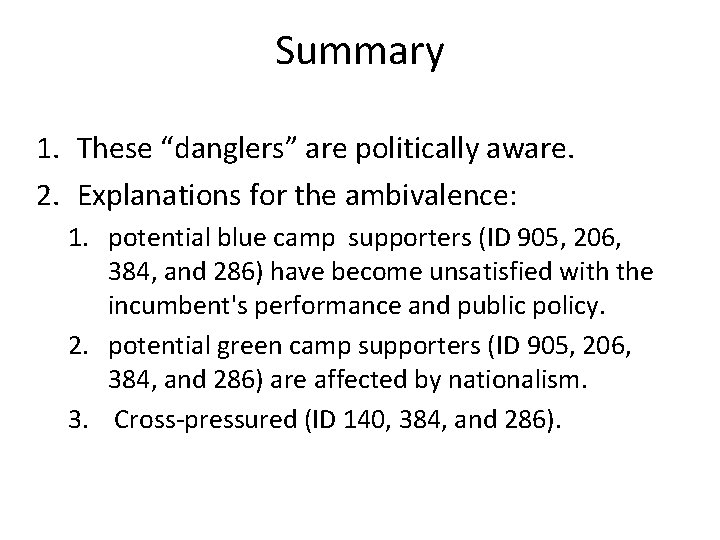 Summary 1. These “danglers” are politically aware. 2. Explanations for the ambivalence: 1. potential