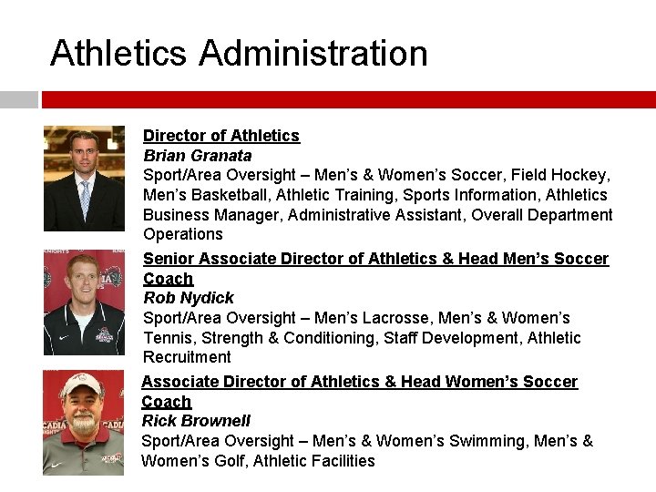 Athletics Administration Director of Athletics Brian Granata Sport/Area Oversight – Men’s & Women’s Soccer,