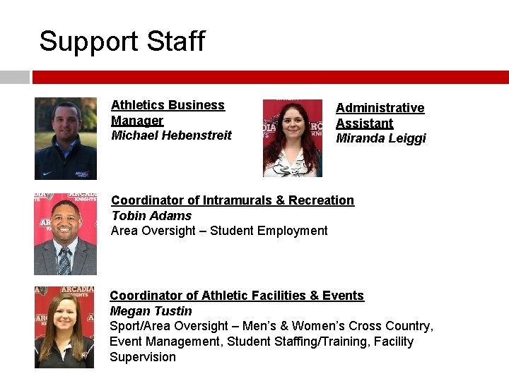 Support Staff Athletics Business Manager Michael Hebenstreit Administrative Assistant Miranda Leiggi Coordinator of Intramurals