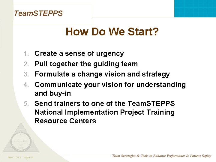 Team. STEPPS How Do We Start? 1. Create a sense of urgency 2. Pull