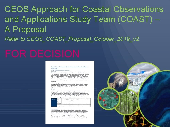 CEOS Approach for Coastal Observations and Applications Study Team (COAST) – A Proposal Refer