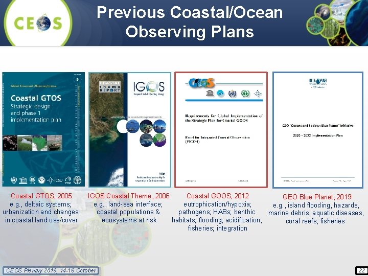 Previous Coastal/Ocean Observing Plans Coastal GTOS, 2005 e. g. , deltaic systems; urbanization and