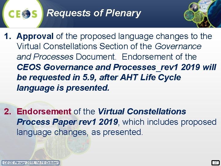 Requests of Plenary 1. Approval of the proposed language changes to the Virtual Constellations