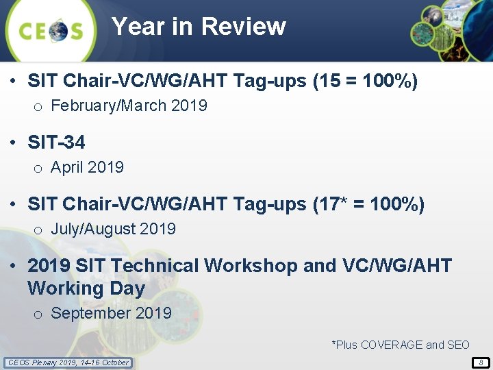 Year in Review • SIT Chair-VC/WG/AHT Tag-ups (15 = 100%) o February/March 2019 •