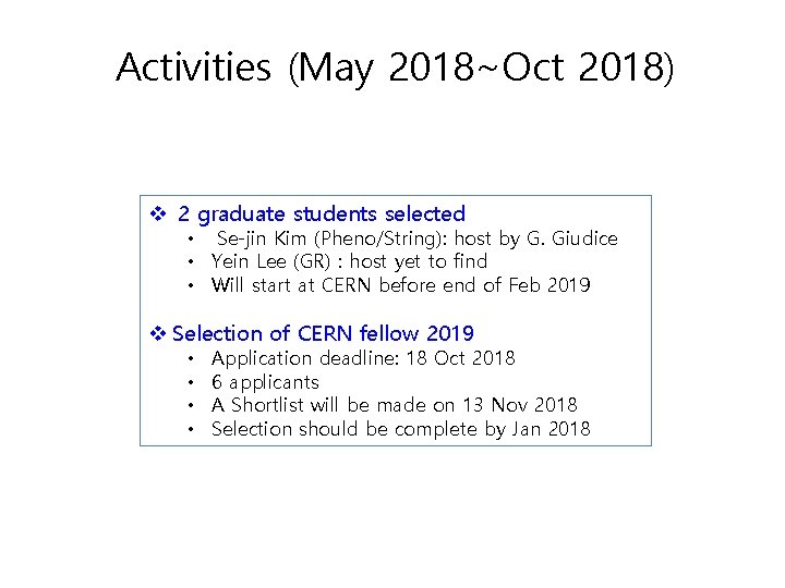 Activities (May 2018~Oct 2018) v 2 graduate students selected • Se-jin Kim (Pheno/String): host