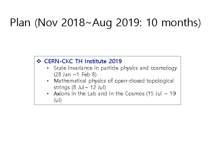 Plan (Nov 2018~Aug 2019: 10 months) v CERN-CKC TH Institute 2019 • Scale invariance