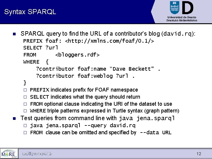 Syntax SPARQL n SPARQL query to find the URL of a contributor’s blog (david.