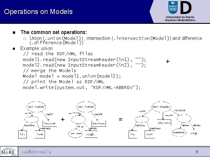 Operations on Models n The common set operations: Union (. union(Model)) , intersection (.