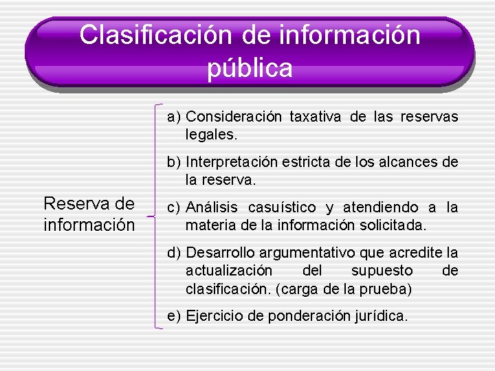 Clasificación de información pública a) Consideración taxativa de las reservas legales. b) Interpretación estricta