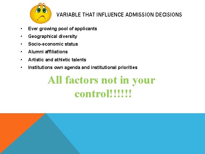 VARIABLE THAT INFLUENCE ADMISSION DECISIONS • Ever growing pool of applicants • Geographical diversity