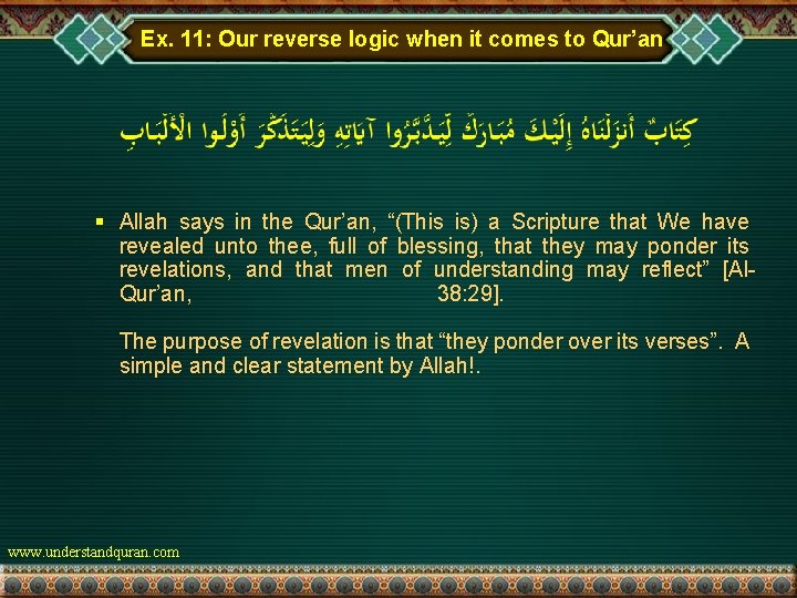 Ex. 11: Our reverse logic when it comes to Qur’an § Allah says in