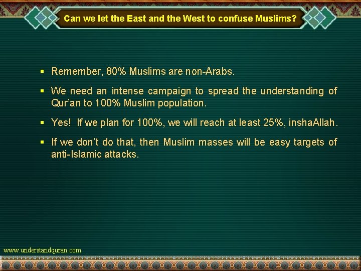 Can we let the East and the West to confuse Muslims? § Remember, 80%