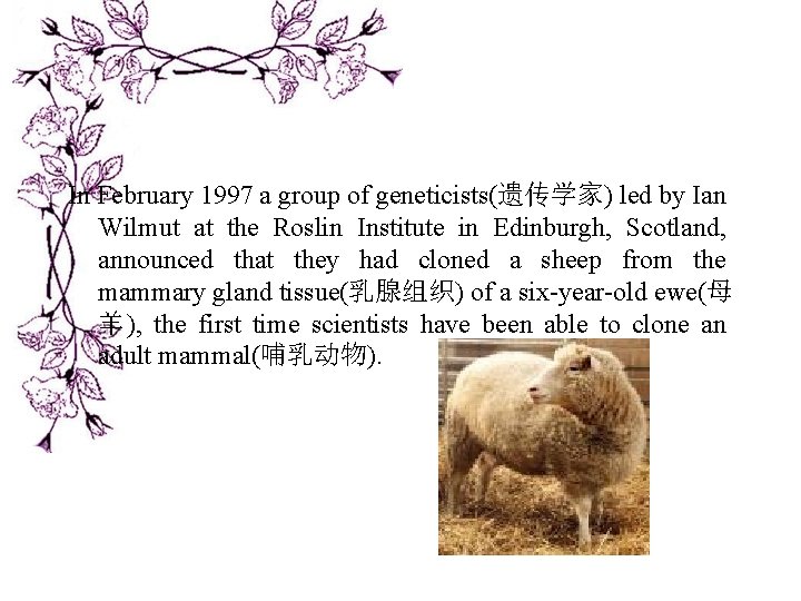 In February 1997 a group of geneticists(遗传学家) led by Ian Wilmut at the Roslin