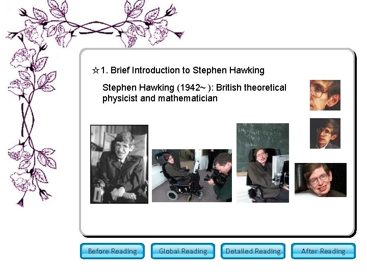 ☆1. Brief Introduction to Stephen Hawking (1942~ ): British theoretical physicist and mathematician Before ☆1. Brief Introduction to Stephen Hawking (1942~ ): British theoretical physicist and mathematician Before