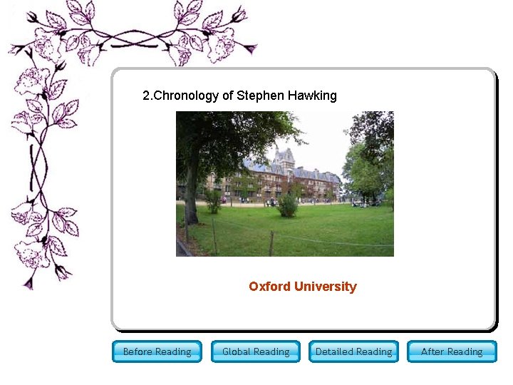 2. Chronology of Stephen Hawking Oxford University Before Reading Global Reading Detailed Reading After 2. Chronology of Stephen Hawking Oxford University Before Reading Global Reading Detailed Reading After
