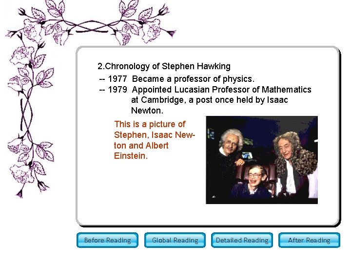 2. Chronology of Stephen Hawking -- 1977 Became a professor of physics. -- 1979 2. Chronology of Stephen Hawking -- 1977 Became a professor of physics. -- 1979