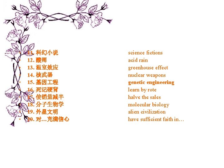 • • • 11. 科幻小说 12. 酸雨 13. 温室效应 14. 核武器 15. 基因 • • • 11. 科幻小说 12. 酸雨 13. 温室效应 14. 核武器 15. 基因