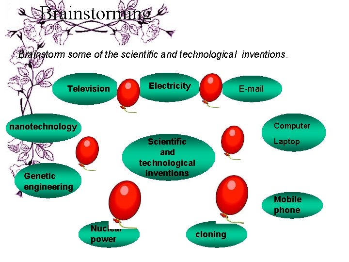 Brainstorming Brainstorm some of the scientific and technological inventions. Television Electricity E-mail Computer nanotechnology Brainstorming Brainstorm some of the scientific and technological inventions. Television Electricity E-mail Computer nanotechnology