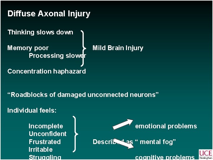 Diffuse Axonal Injury Thinking slows down Memory poor Mild Brain Injury Processing slower Concentration