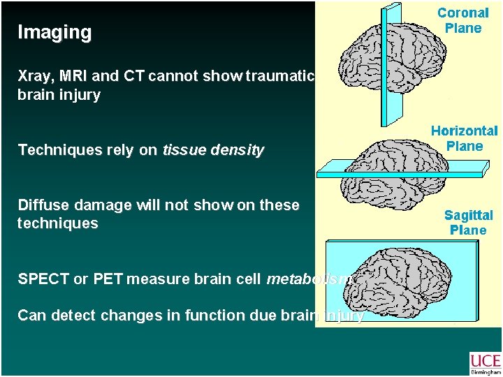 Imaging Xray, MRI and CT cannot show traumatic brain injury Techniques rely on tissue
