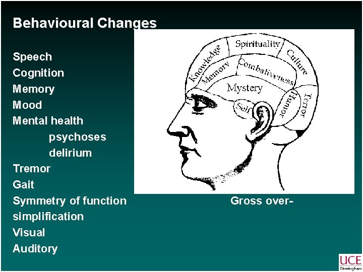 Behavioural Changes Speech Cognition Memory Mood Mental health psychoses delirium Tremor Gait Symmetry of