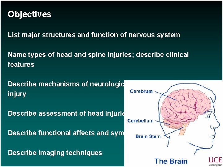 Objectives List major structures and function of nervous system Name types of head and