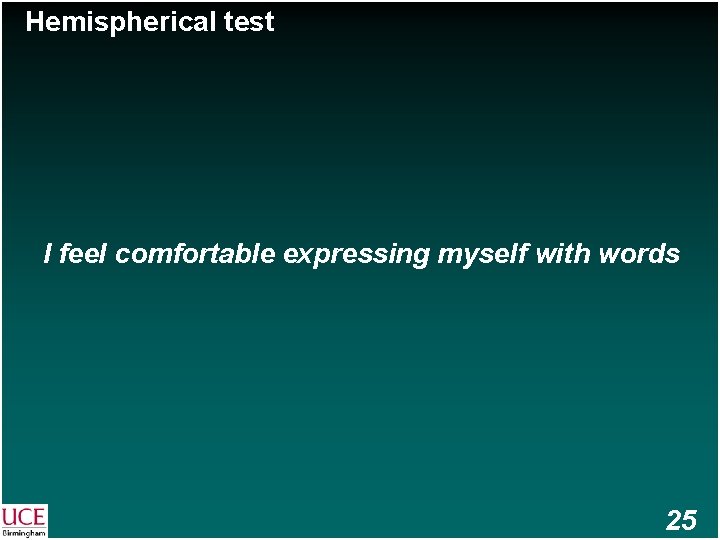 Hemispherical test I feel comfortable expressing myself with words 25 