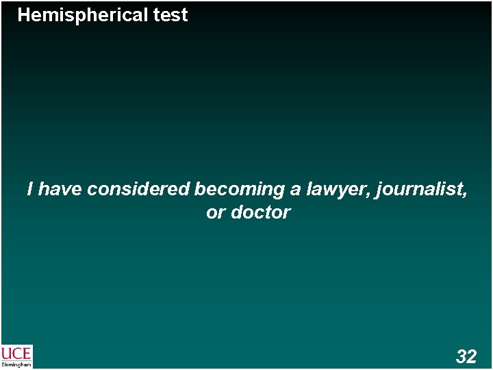 Hemispherical test I have considered becoming a lawyer, journalist, or doctor 32 