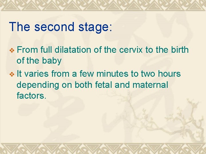 The second stage: v From full dilatation of the cervix to the birth of