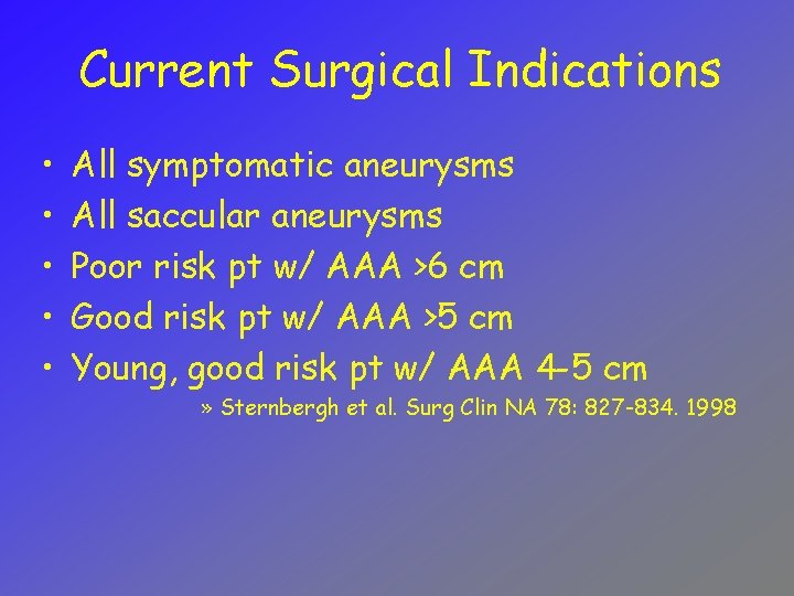 Current Surgical Indications • • • All symptomatic aneurysms All saccular aneurysms Poor risk