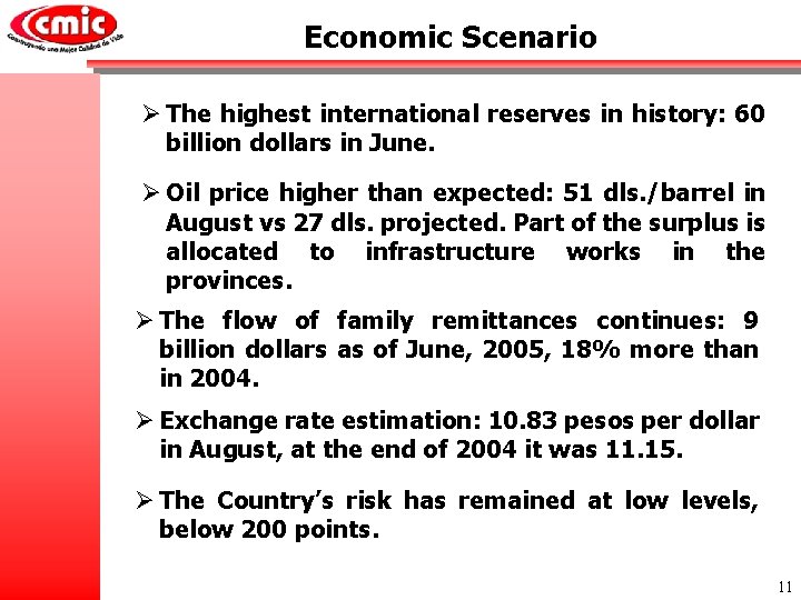 Economic Scenario Ø The highest international reserves in history: 60 billion dollars in June.