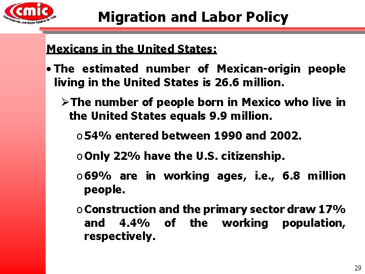 Migration and Labor Policy Mexicans in the United States: • The estimated number of