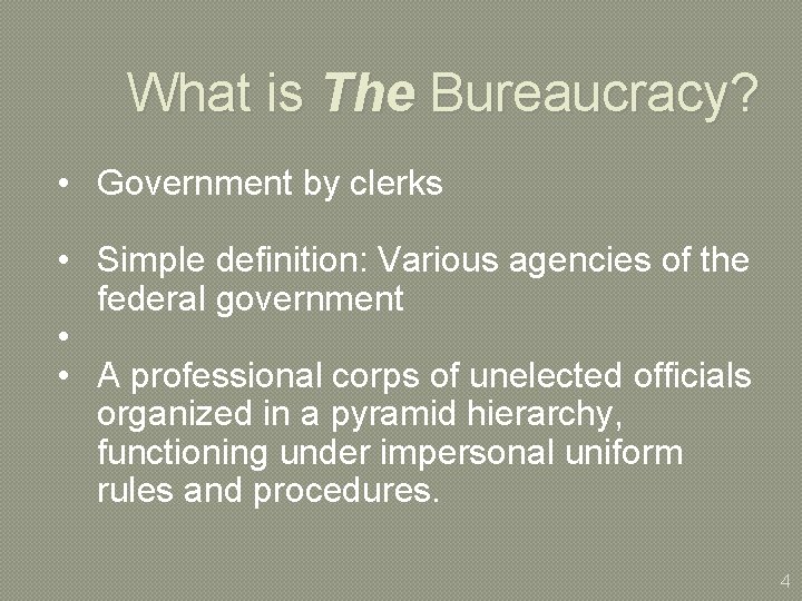 What is The Bureaucracy? • Government by clerks • Simple definition: Various agencies of