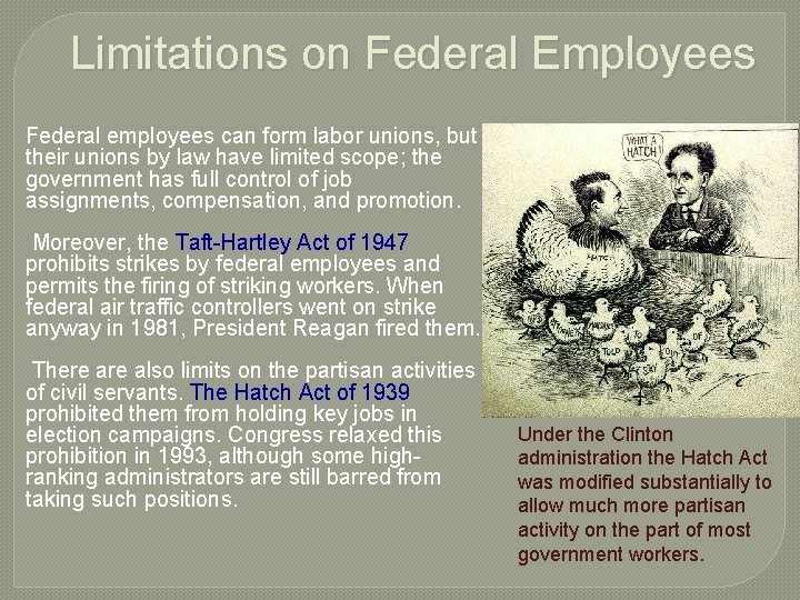 Limitations on Federal Employees Federal employees can form labor unions, but their unions by