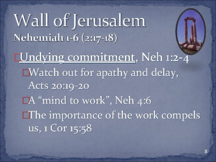 Wall of Jerusalem Nehemiah 1 -6 (2: 17 -18) �Undying commitment, Neh 1: 2
