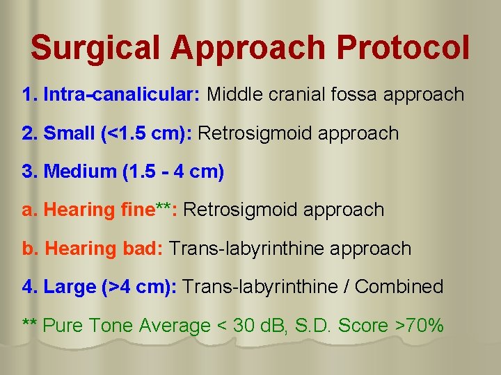 Surgical Approach Protocol 1. Intra-canalicular: Middle cranial fossa approach 2. Small (<1. 5 cm):