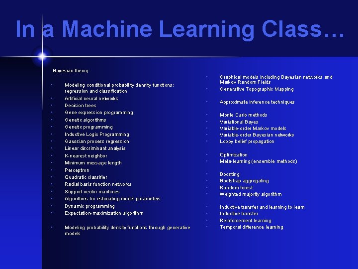 In a Machine Learning Class… Bayesian theory • • • • • Modeling conditional