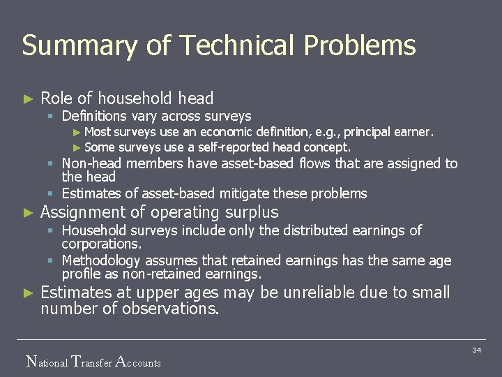 Summary of Technical Problems ► Role of household head § Definitions vary across surveys