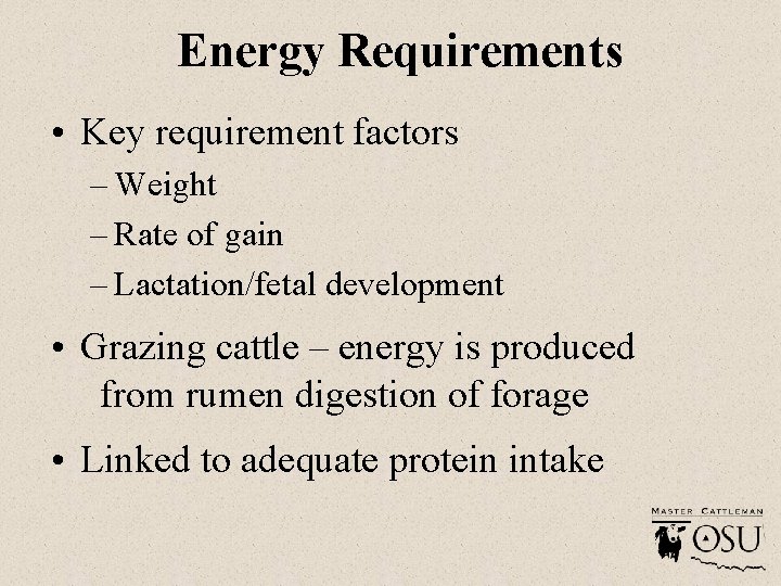 Energy Requirements • Key requirement factors – Weight – Rate of gain – Lactation/fetal
