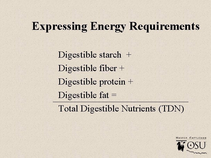 Expressing Energy Requirements Digestible starch + Digestible fiber + Digestible protein + Digestible fat