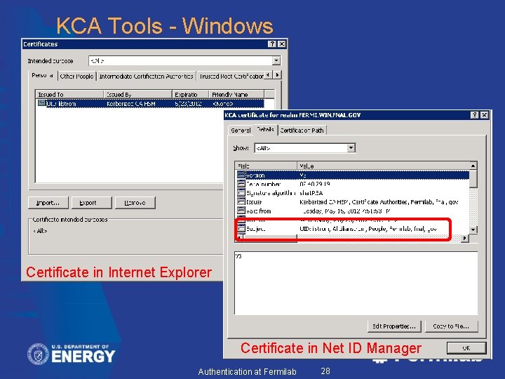 KCA Tools - Windows Certificate in Internet Explorer Certificate in Net ID Manager Authentication