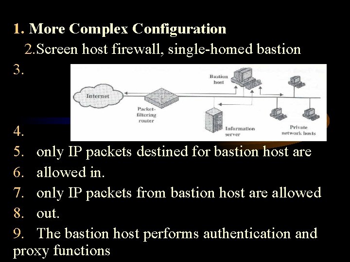 1. More Complex Configuration 2. Screen host firewall, single-homed bastion 3. 4. 5. only