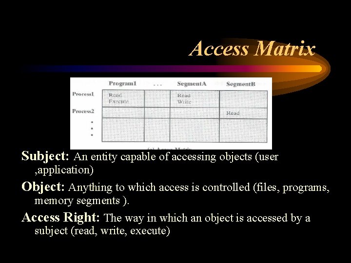 Access Matrix Subject: An entity capable of accessing objects (user , application) Object: Anything