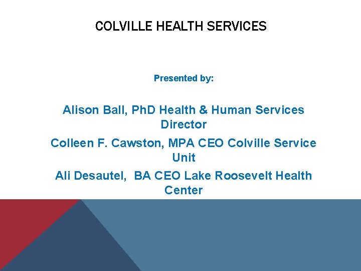 COLVILLE HEALTH SERVICES Presented by: Alison Ball, Ph. D Health & Human Services Director