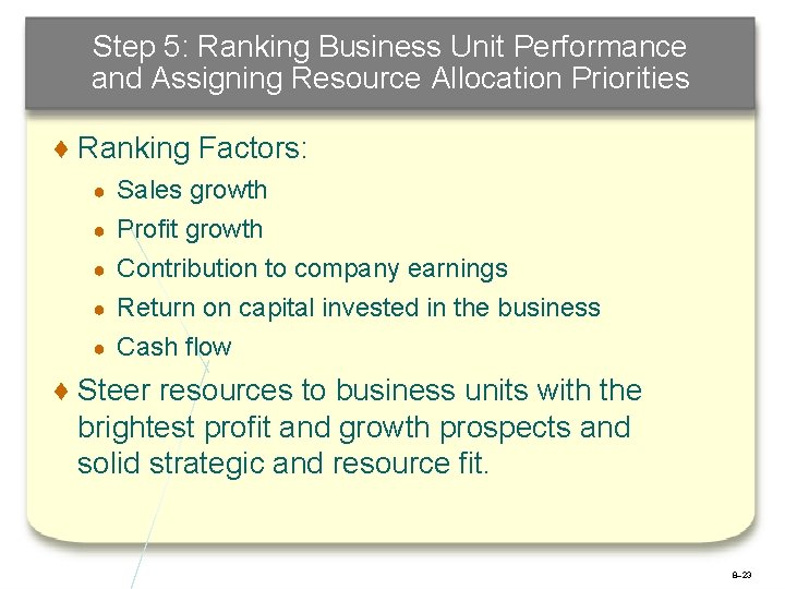 Step 5: Ranking Business Unit Performance and Assigning Resource Allocation Priorities ♦ Ranking Factors: