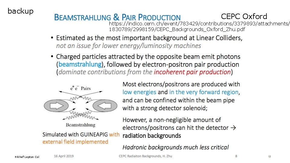 backup CEPC Pixel TPC CEPC Oxford https: //indico. cern. ch/event/783429/contributions/3379893/attachments/ 1830789/2998159/CEPC_Backgrounds_Oxford_Zhu. pdf Nikhef Lepton