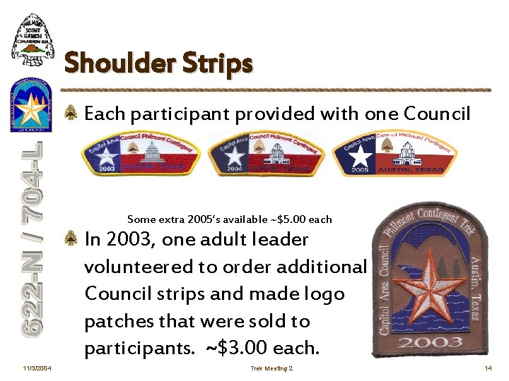 Shoulder Strips Each participant provided with one Council strip: Some extra 2005’s available ~$5.