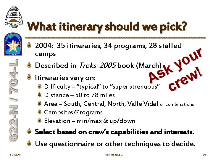 What itinerary should we pick? 2004: 35 itineraries, 34 programs, 28 staffed camps Described