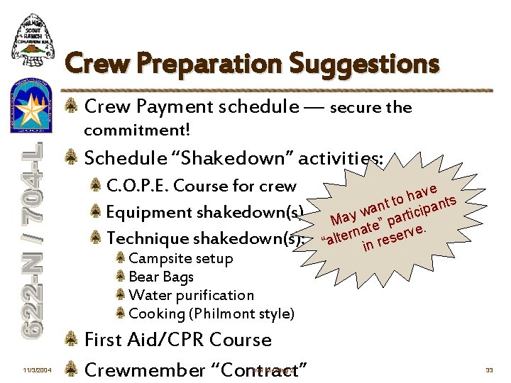 Crew Preparation Suggestions Crew Payment schedule — secure the commitment! Schedule “Shakedown” activities: C.